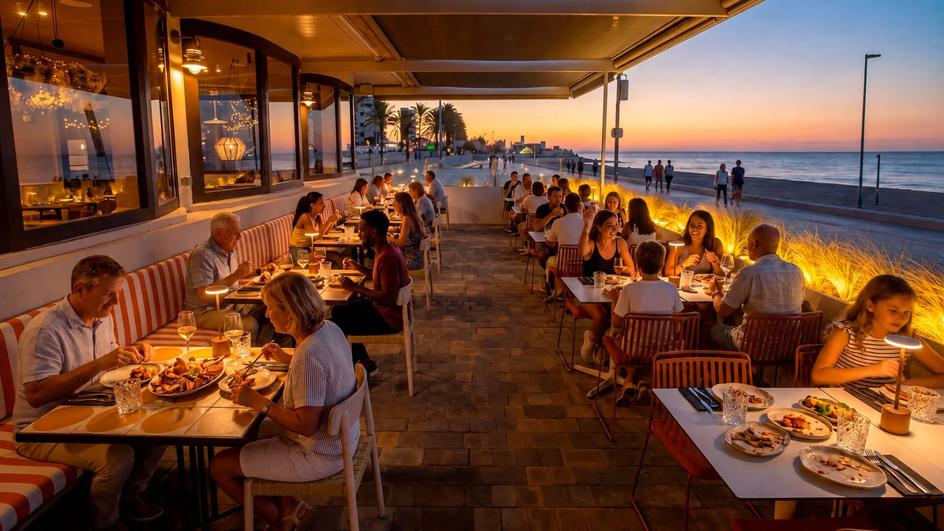 Terrassa del Restaurant Akquaaa plena al capvespre, davant del mar de Calafell