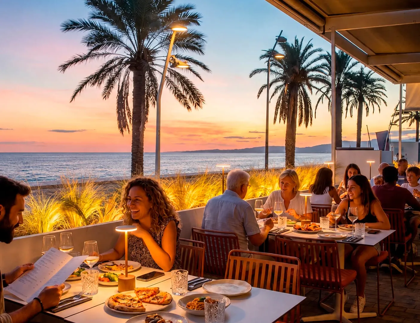 Terraza de Akquaaa entre palmeras al atardecer, frente al mar de Calafell